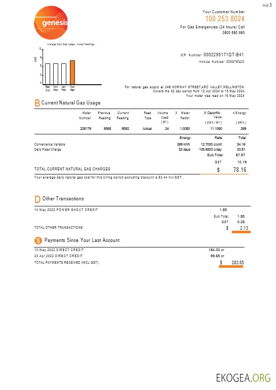 Facture de service public Genesis Gas de Nouvelle Zélande 3 pages